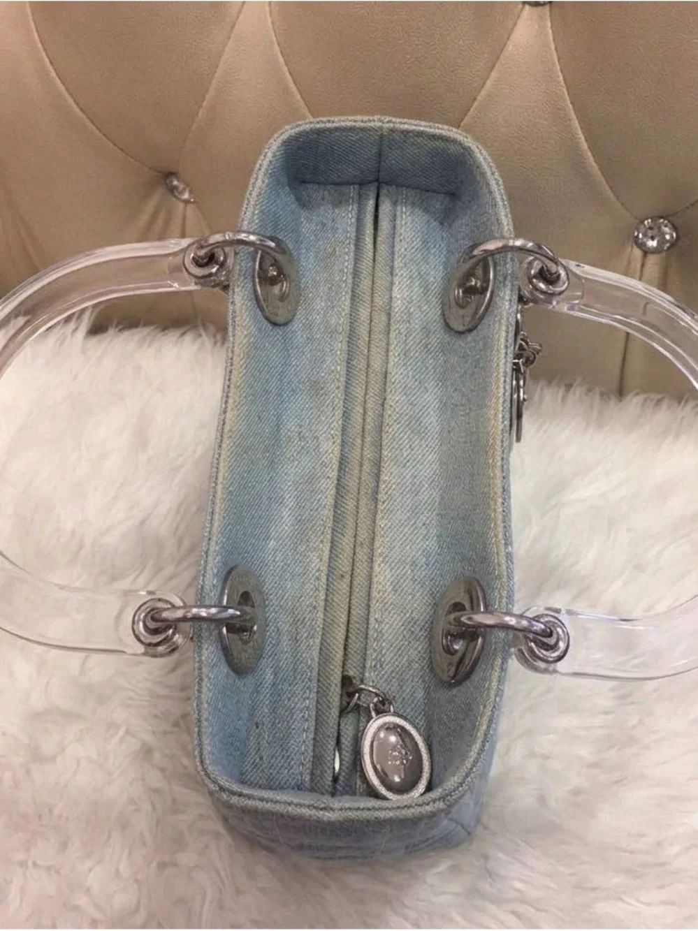 Dior Denim Blue Cannage Satchel with Clear Handles